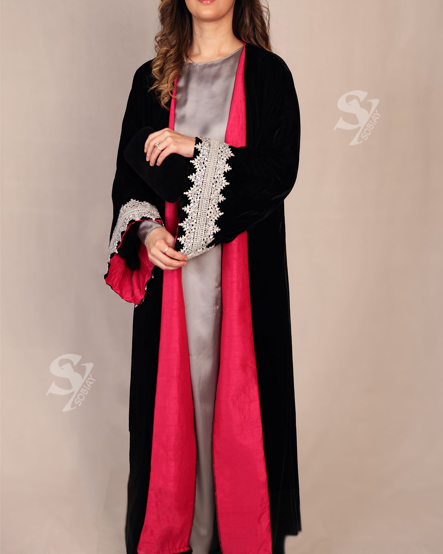 Luxury 3-Piece Black & Pink Velvet Abaya with Silver Silk Lining & Elegant Lace Detailing SY5