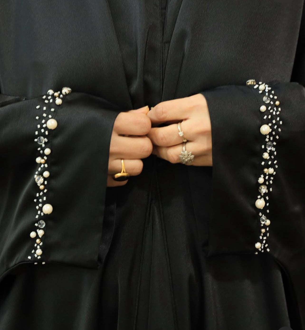 Black Silk Kaftan with Pearls & Stones (Handmade) SY18