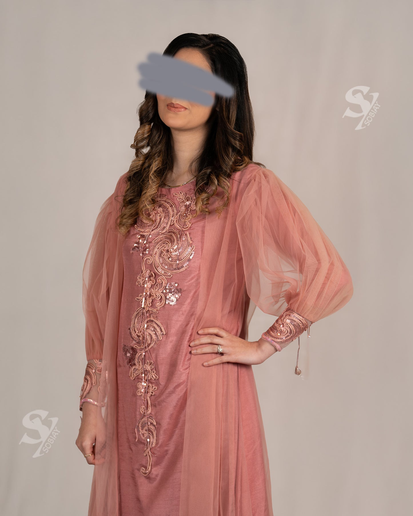 Pink Arab Princess Abaya – Double Layered with Hand Embellishments & Puffy Sleeves SY14