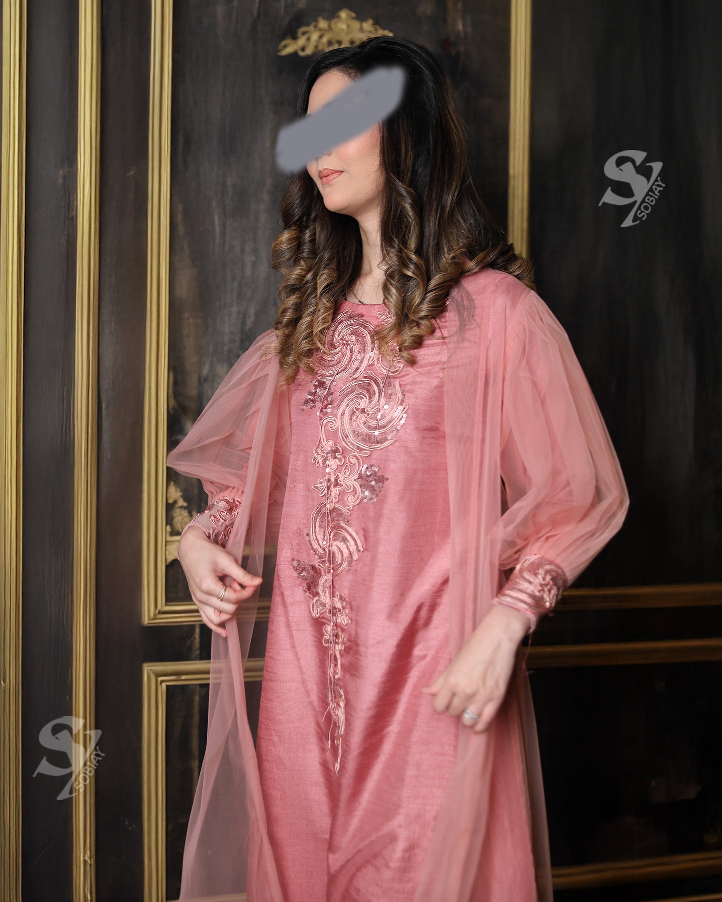 Pink Arab Princess Abaya – Double Layered with Hand Embellishments & Puffy Sleeves SY14