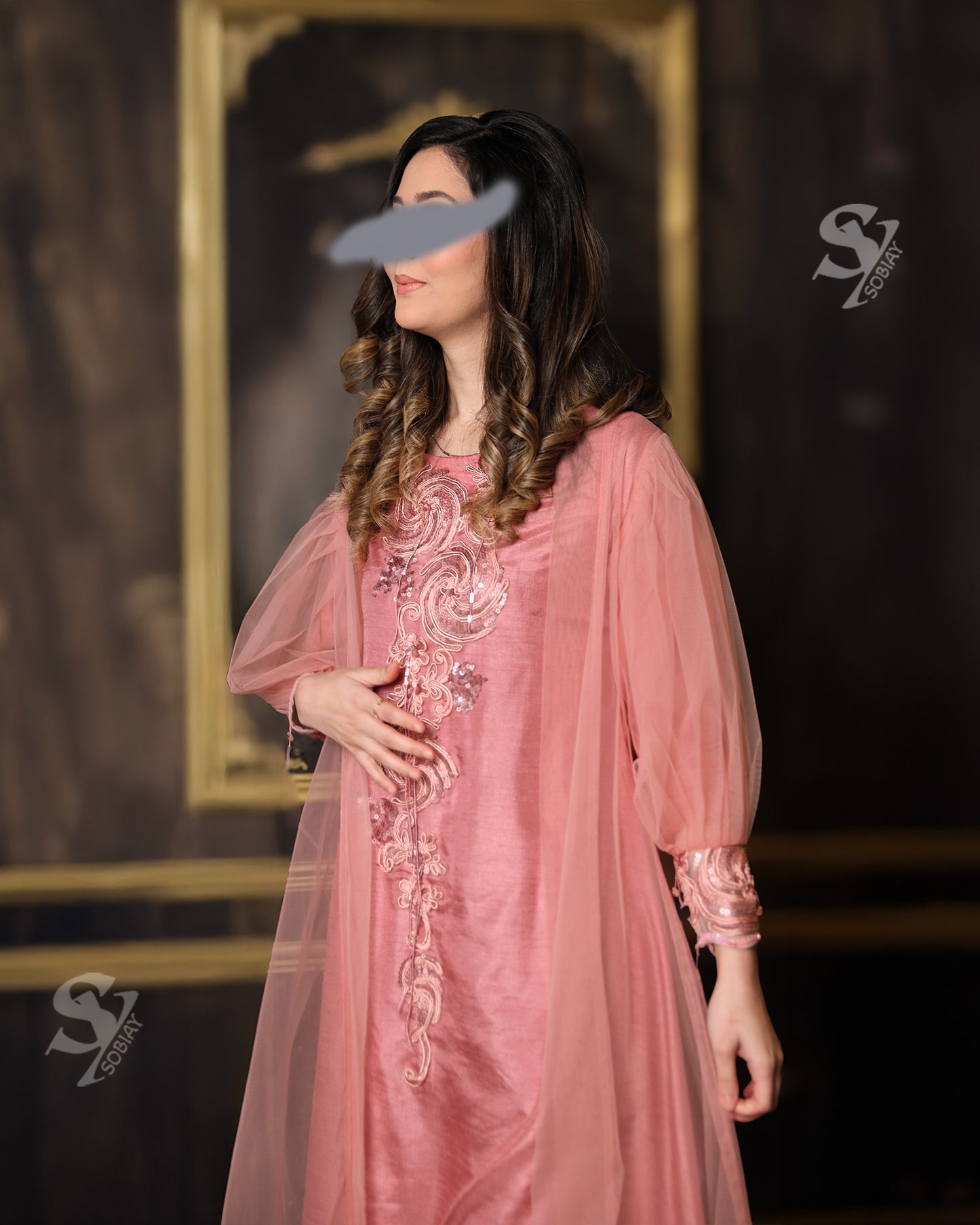 Pink Arab Princess Abaya – Double Layered with Hand Embellishments & Puffy Sleeves SY14