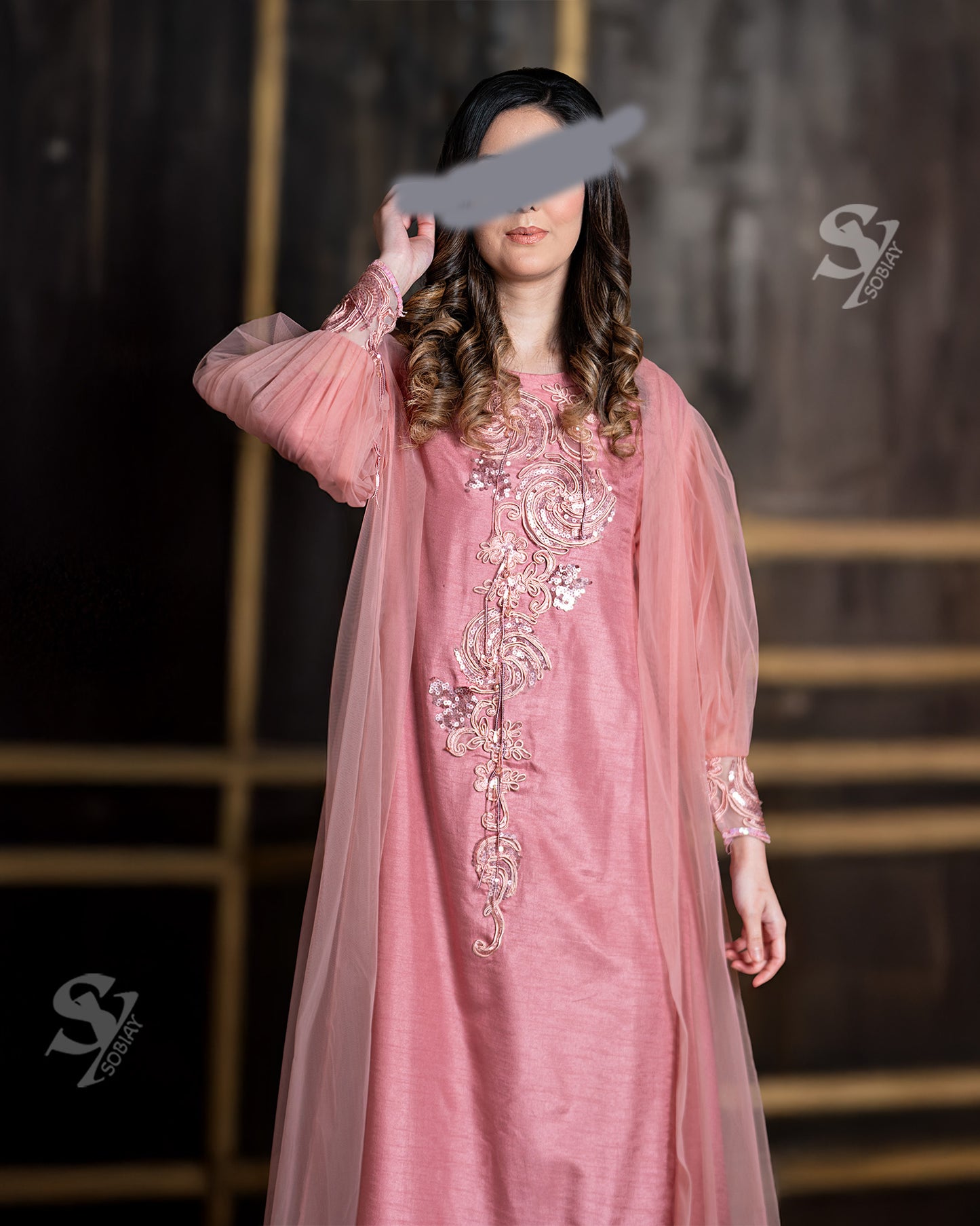 Pink Arab Princess Abaya – Double Layered with Hand Embellishments & Puffy Sleeves SY14