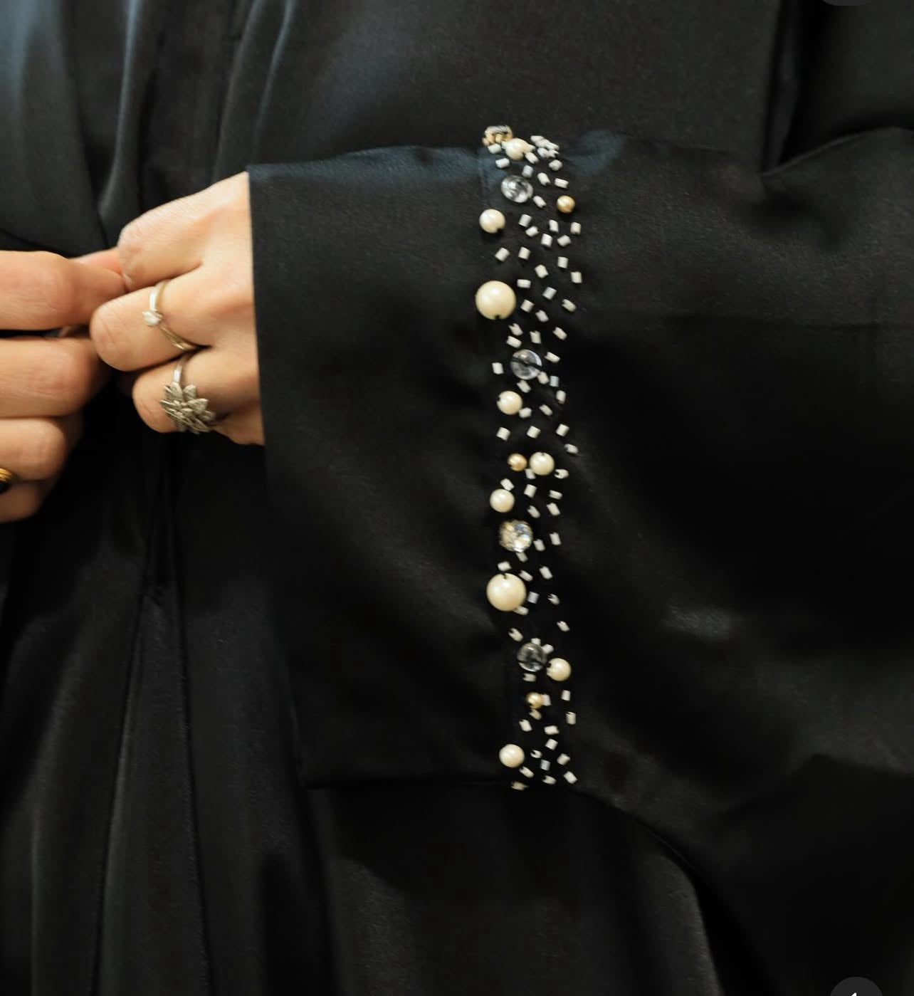 Black Silk Kaftan with Pearls & Stones (Handmade)